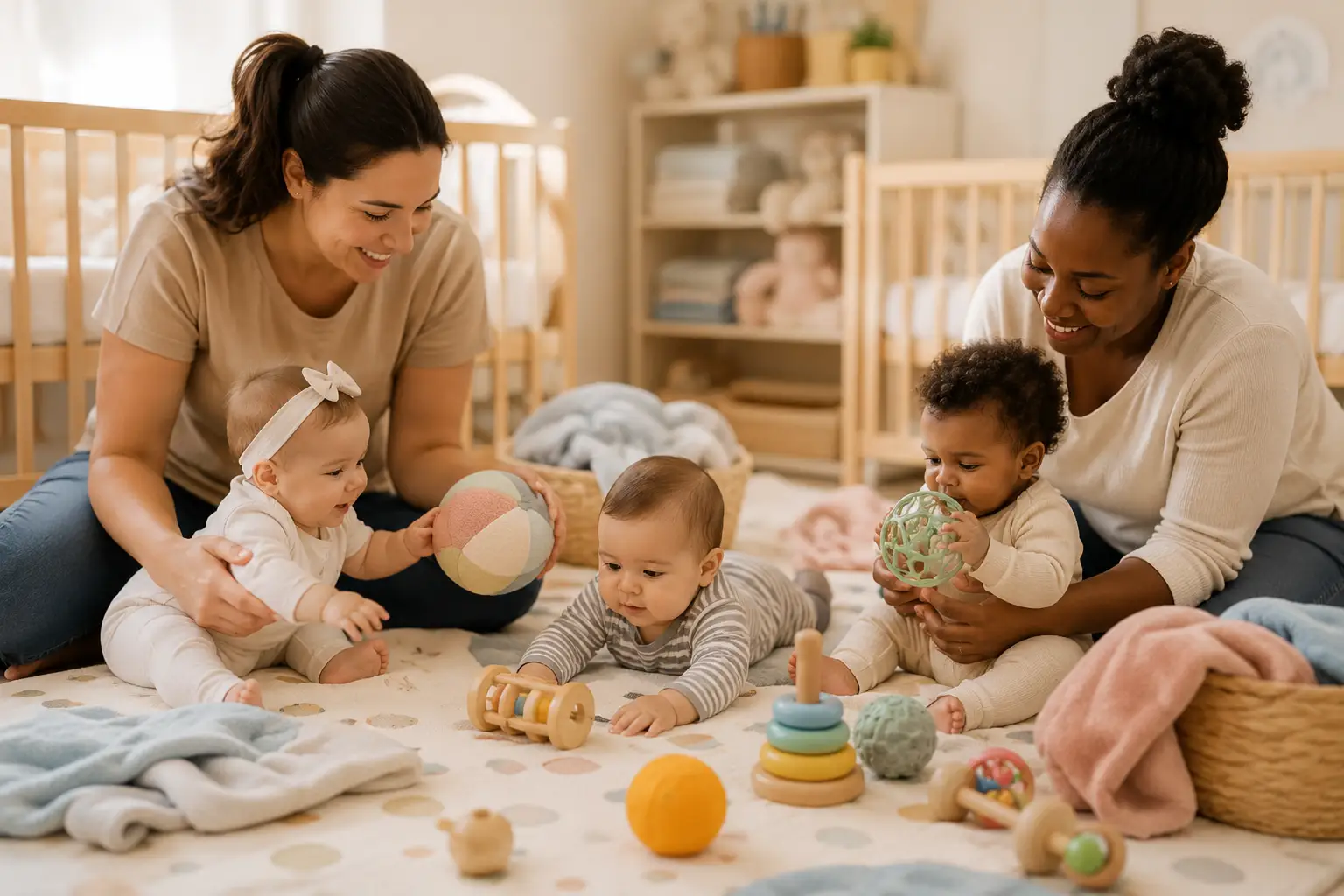 Happy baby in a bright daycare classroom