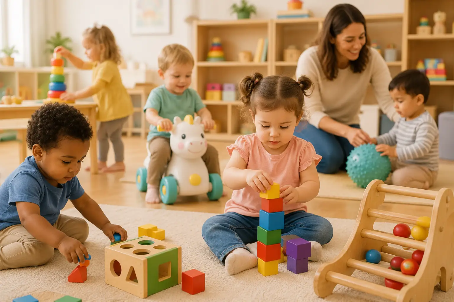 Toddler playing with colorful learning blocks