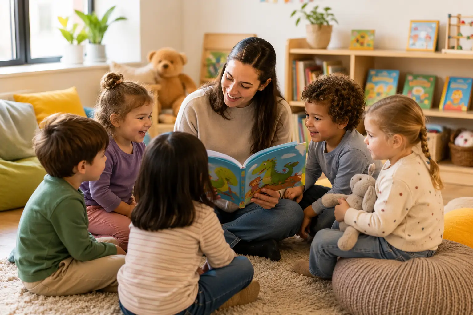 Teacher reading a storybook with young children in a daycare classroom